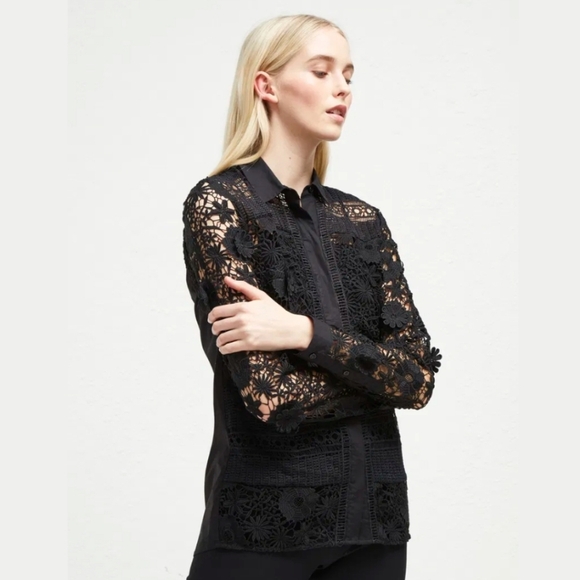 {French Connection} Women's Eadu Lace Long Sleeve Panelled Shirt - Size Small - Picture 1 of 17